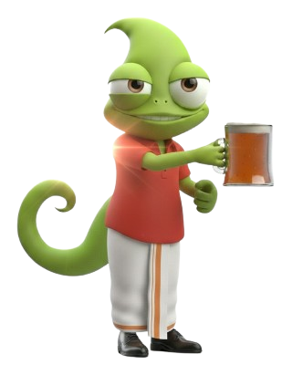 Relaxed Azooka mascot in a red polo shirt, raising a mug in celebration