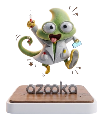 Azooka's lab mascot, a cheerful green scientist, jumping with test tubes in hand